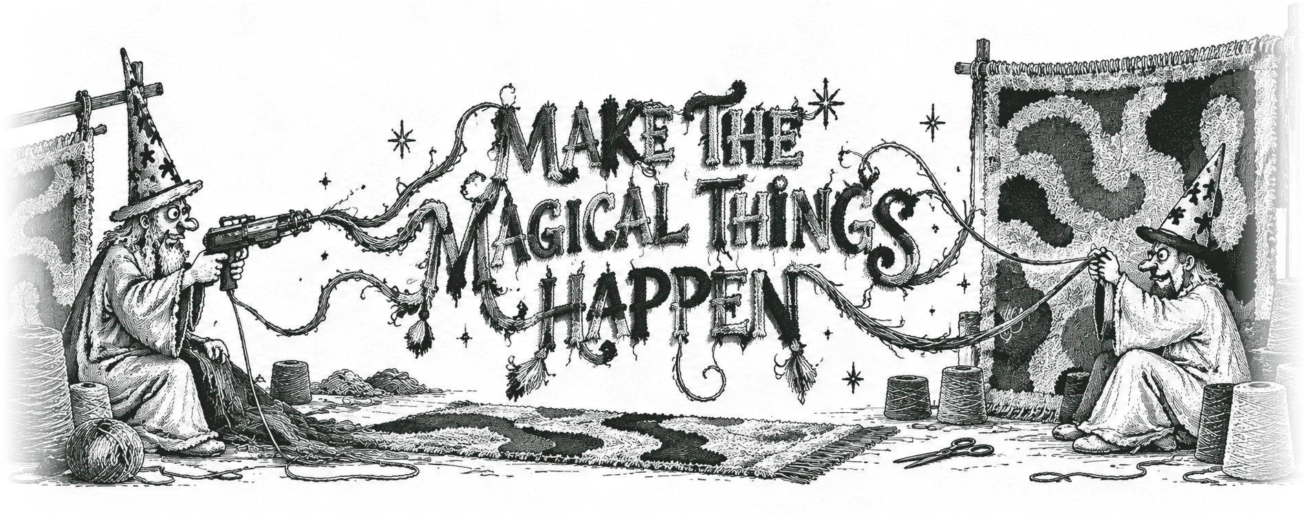 Twee tovenaars tuften een vloerkleed tussen de garenrollen en laten de woorden Make the Magical Things Happen ontstaan